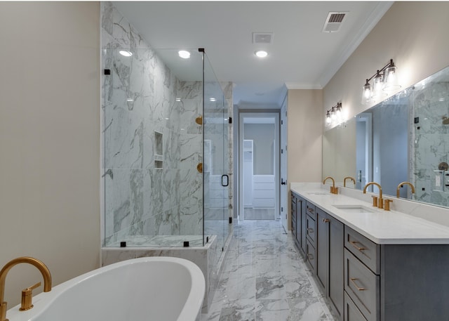 bathroom with vanity, separate shower and tub, and ornamental molding