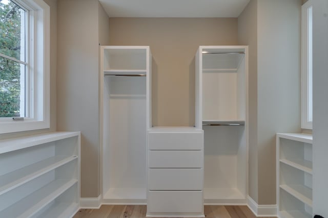 walk in closet with light hardwood / wood-style floors