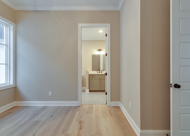 interior space with plenty of natural light, light wood-type flooring, and crown molding