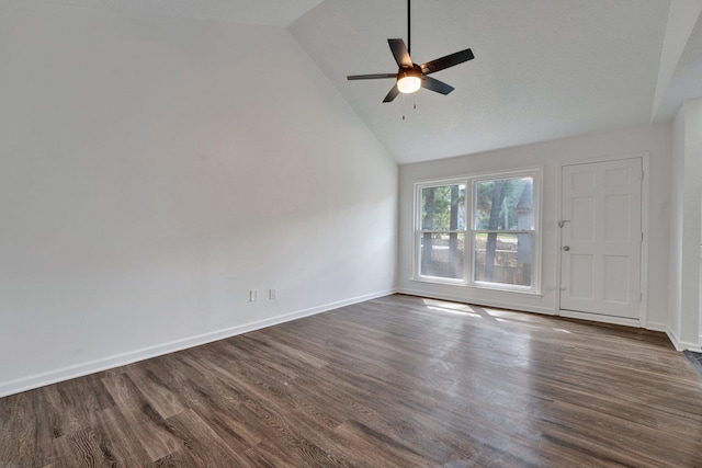 unfurnished room featuring ceiling fan, dark hardwood / wood-style flooring, and high vaulted ceiling