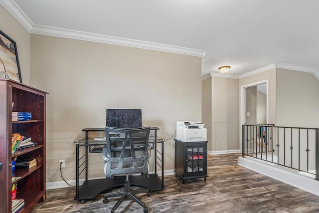 office featuring dark hardwood / wood-style floors and ornamental molding