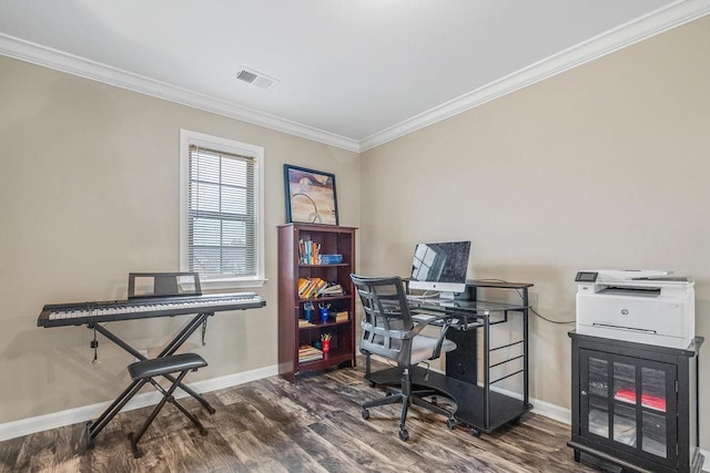 office with crown molding and dark wood-type flooring