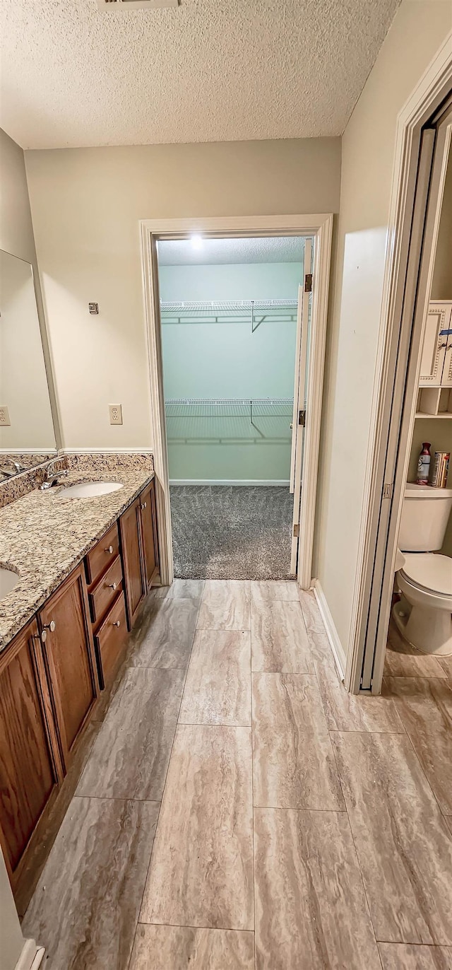 bathroom with vanity, toilet, a textured ceiling, and a washtub