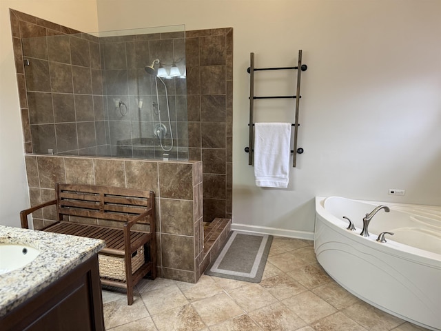 bathroom featuring vanity and plus walk in shower