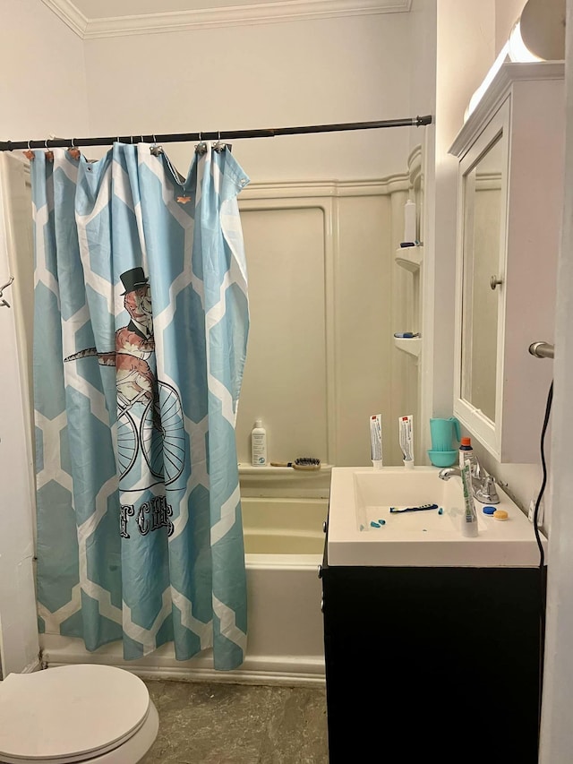 full bathroom with vanity, crown molding, shower / bathtub combination with curtain, and toilet