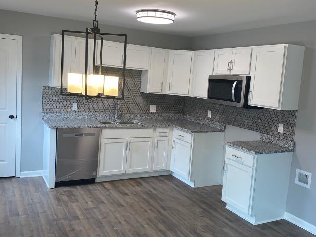 kitchen with decorative backsplash, white cabinetry, dark wood-type flooring, and stainless steel appliances