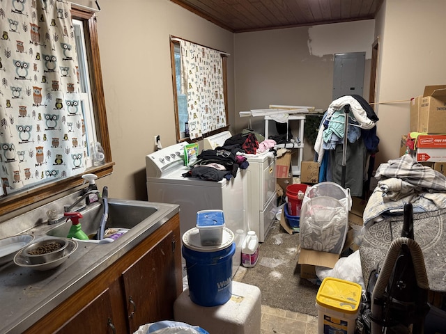 laundry room featuring electric panel, ornamental molding, and wooden ceiling