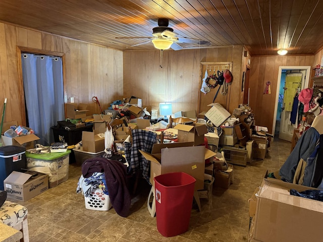 misc room featuring ceiling fan, wooden walls, and wooden ceiling