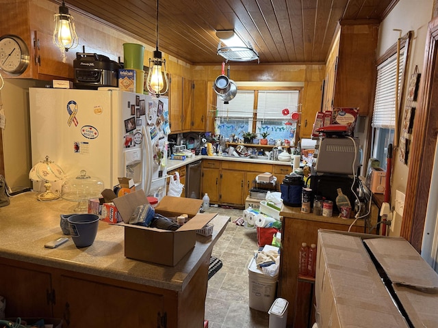 kitchen featuring kitchen peninsula, stainless steel dishwasher, decorative light fixtures, wood ceiling, and white fridge with ice dispenser