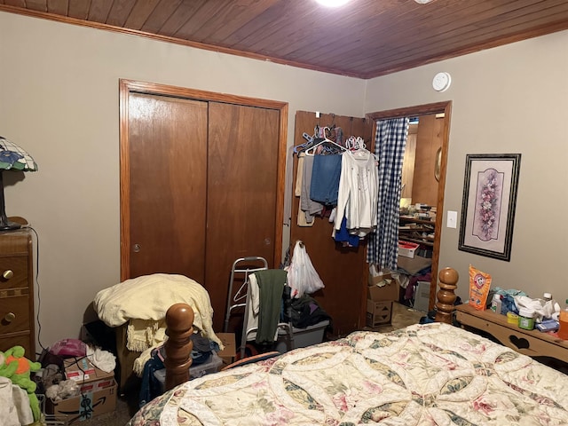 bedroom featuring a closet and wood ceiling