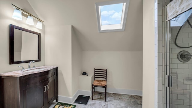 bathroom featuring vanity, lofted ceiling, and walk in shower