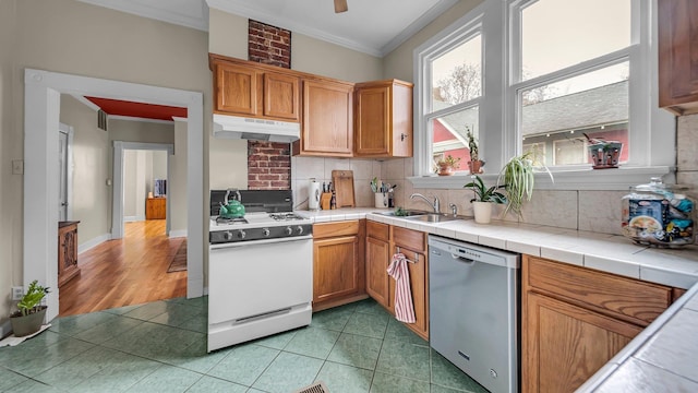 kitchen featuring gas range gas stove, tile counters, sink, stainless steel dishwasher, and crown molding