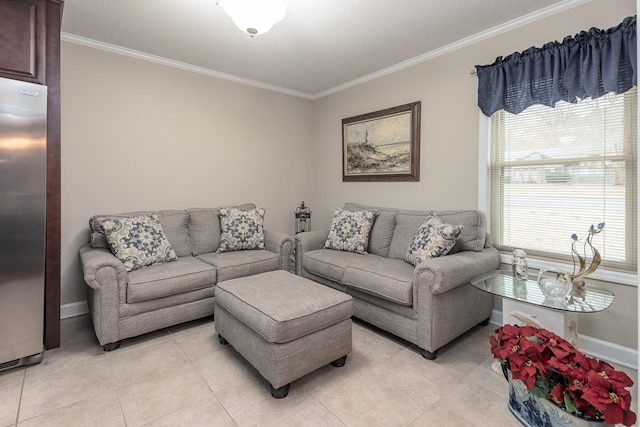 living room with crown molding, light tile patterned floors, and a textured ceiling