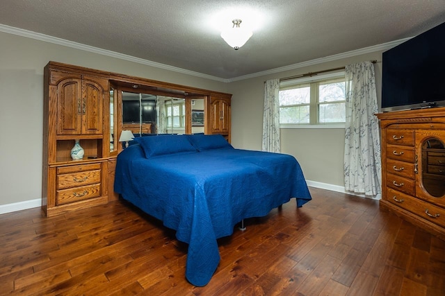 bedroom with a textured ceiling, dark hardwood / wood-style floors, and ornamental molding