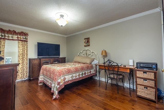 bedroom with a textured ceiling, dark hardwood / wood-style floors, and ornamental molding