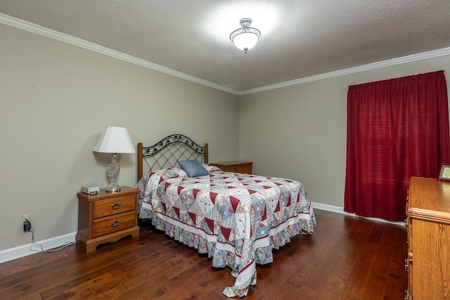 bedroom featuring a textured ceiling, dark hardwood / wood-style floors, and crown molding