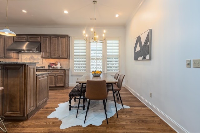 9207 Liggon Green Ln, Germantown, TN 38139 - dining room with a chandelier, dark wood-style floors, crown molding, and recessed lighting