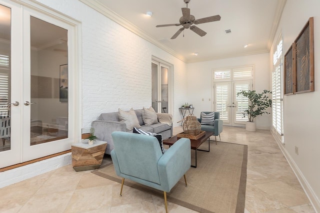 9207 Liggon Green Ln, Germantown, TN 38139 - living area with french doors, ornamental molding, a ceiling fan, and brick wall