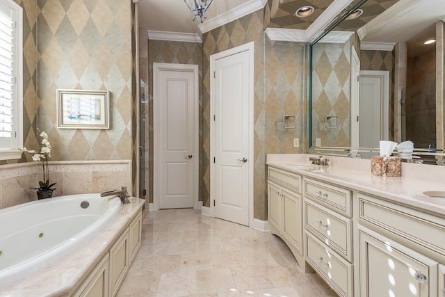 bathroom with vanity, ornamental molding, and plus walk in shower