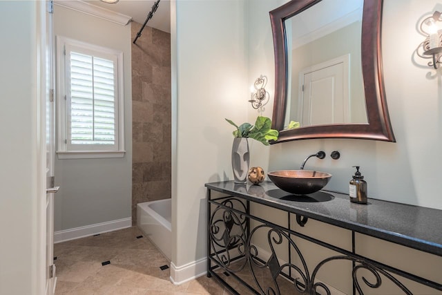 9207 Liggon Green Ln, Germantown, TN 38139 - full bath featuring vanity, bathtub / shower combination, ornamental molding, and tile patterned floors