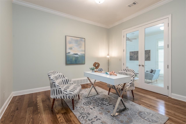 9207 Liggon Green Ln, Germantown, TN 38139 - office area with french doors, ornamental molding, and wood finished floors
