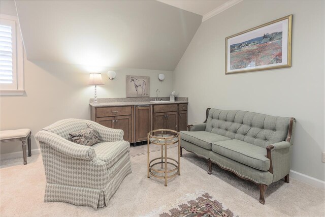9207 Liggon Green Ln, Germantown, TN 38139 - sitting room with vaulted ceiling, light colored carpet, and ornamental molding