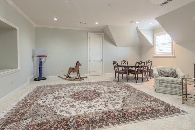 living area with light carpet and crown molding