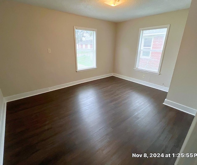 spare room featuring a textured ceiling, dark hardwood / wood-style flooring, and plenty of natural light