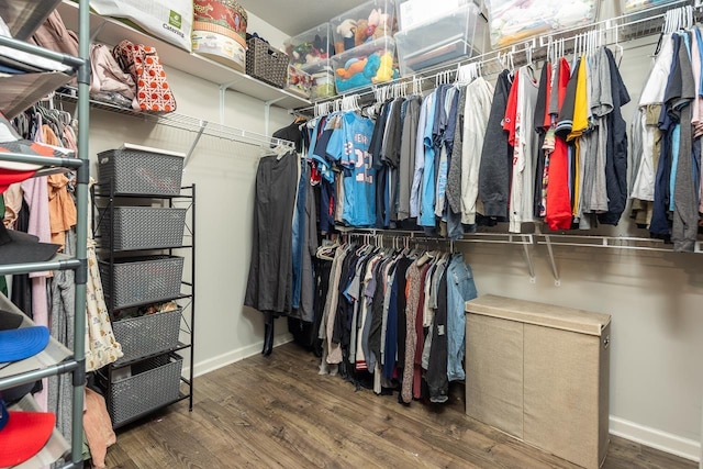 walk in closet with dark wood-type flooring