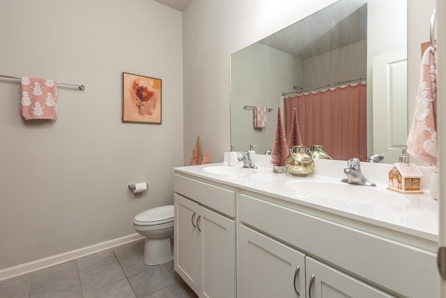 bathroom featuring toilet, vanity, tile patterned flooring, and a shower with shower curtain