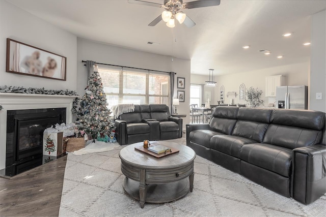 living room with ceiling fan, plenty of natural light, and wood-type flooring