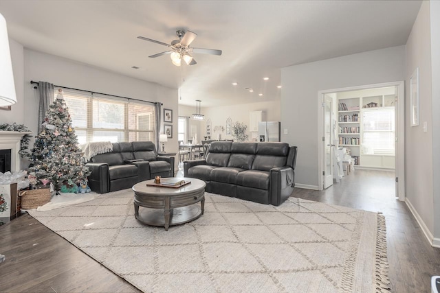 living room with ceiling fan and wood-type flooring