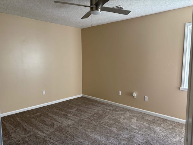 unfurnished room featuring carpet flooring, a textured ceiling, and ceiling fan