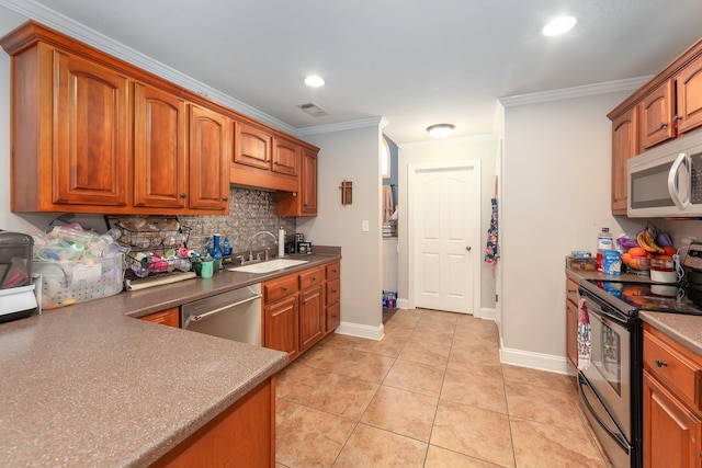 kitchen with sink, stainless steel appliances, backsplash, crown molding, and light tile patterned floors