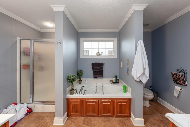 bathroom with plus walk in shower, a textured ceiling, and ornamental molding