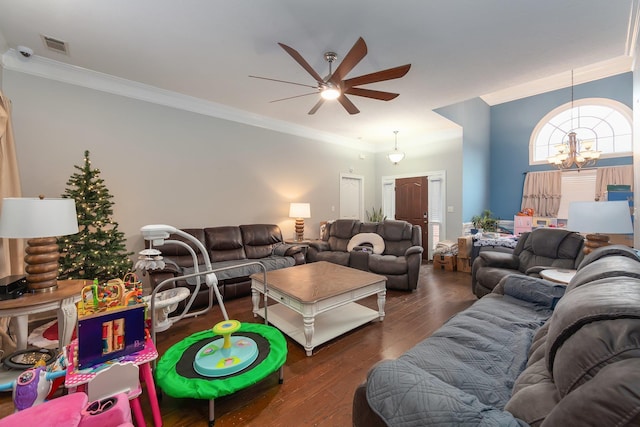 living room with ceiling fan with notable chandelier, crown molding, and dark wood-type flooring