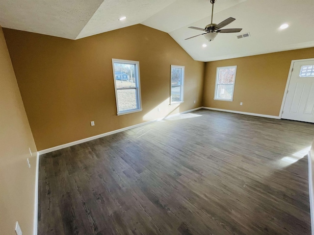 interior space featuring lofted ceiling, a healthy amount of sunlight, and dark hardwood / wood-style floors