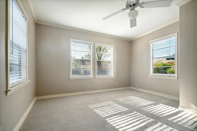 carpeted spare room featuring ceiling fan and ornamental molding