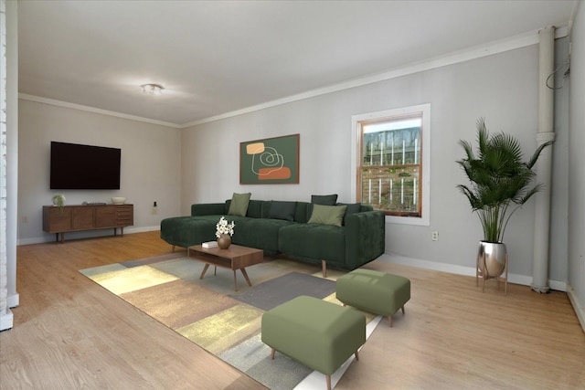 living room with light wood-type flooring, baseboards, and crown molding