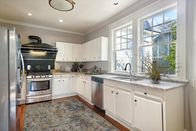 kitchen featuring a sink, appliances with stainless steel finishes, crown molding, and under cabinet range hood