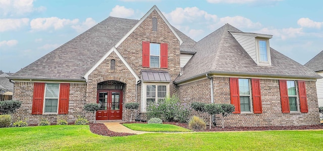 view of front of home with french doors and a front yard