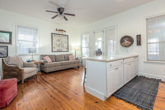 kitchen with white cabinets, light wood-type flooring, a healthy amount of sunlight, and sink