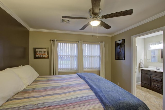 bedroom featuring ensuite bath, ceiling fan, crown molding, and sink