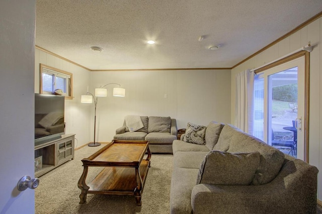 living room with a textured ceiling, carpet floors, and crown molding