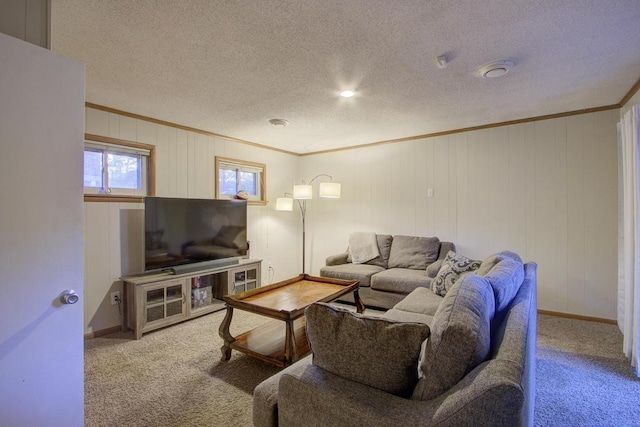 carpeted living room with a textured ceiling and crown molding