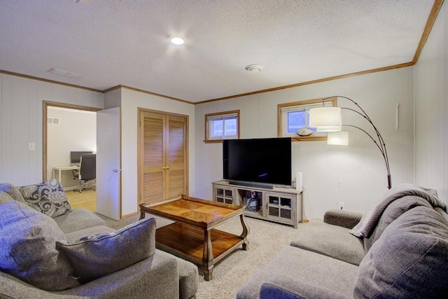 carpeted living room featuring a textured ceiling and ornamental molding