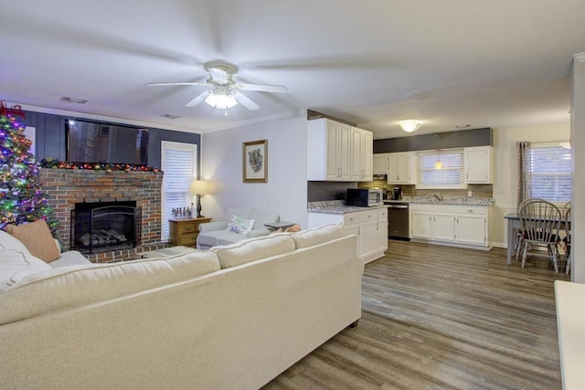 living room with ceiling fan, crown molding, sink, hardwood / wood-style flooring, and a fireplace