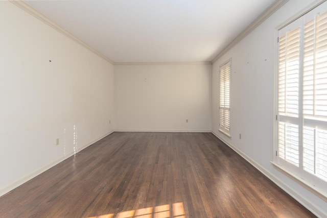 unfurnished room featuring ornamental molding, a wealth of natural light, and dark wood-style flooring