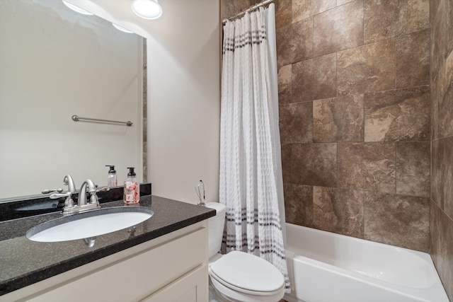 full bathroom with vanity, toilet, and shower / bathtub combination with curtain