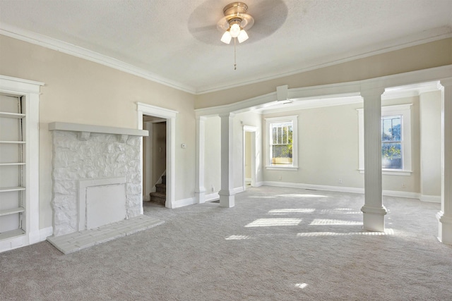 unfurnished living room with a textured ceiling, light colored carpet, ceiling fan, and ornamental molding